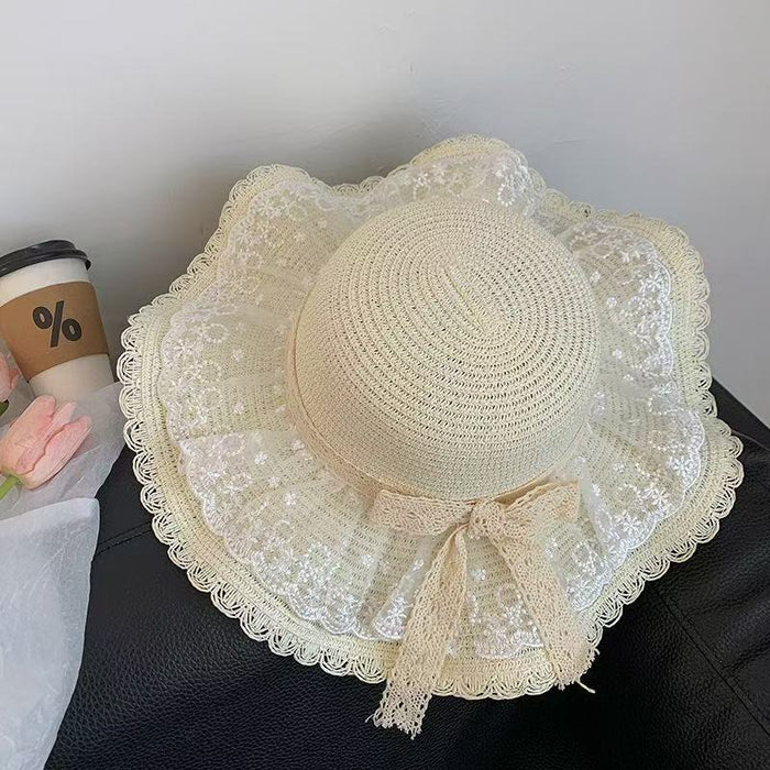 Wholesale Lace straw hat with large brim, outdoor UV resistant straw woven sun hat