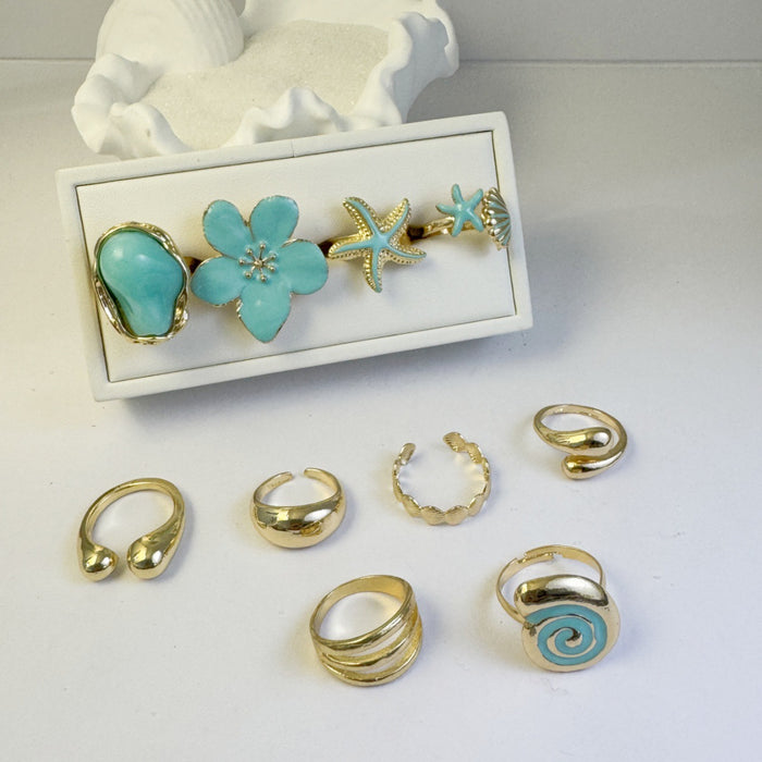 Wholesale Ocean Bohemian Ring Set with Pearl and Starfish Design Dripping Oil Finish Fashion Accessory MOQ≥5