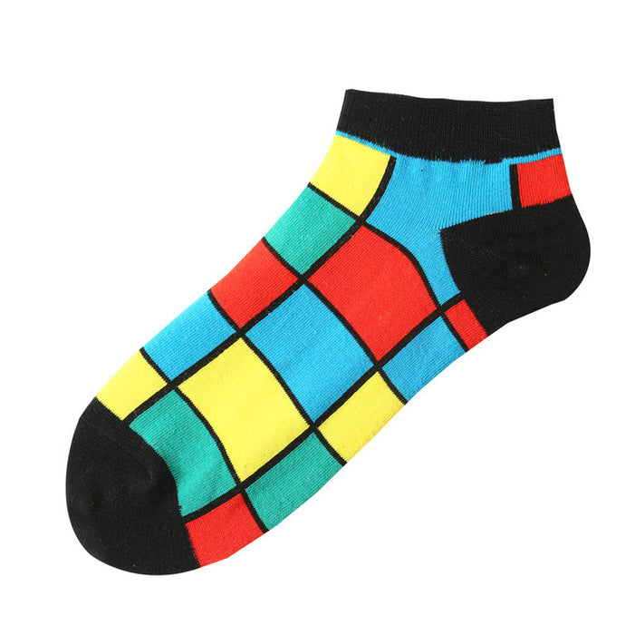 Wholesale Spring Summer Unisex Couple Geometric Colored Socks Cotton Men's Boat Socks Plaid Diamond Grid JDC-SK-CG001