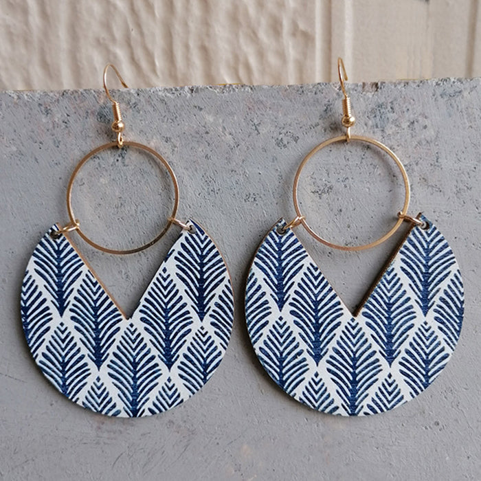 Wholesale 2pcs Blue Dyed Printed Geometric Stripes Stitching Wooden Earrings JDC-ES-HeYi113