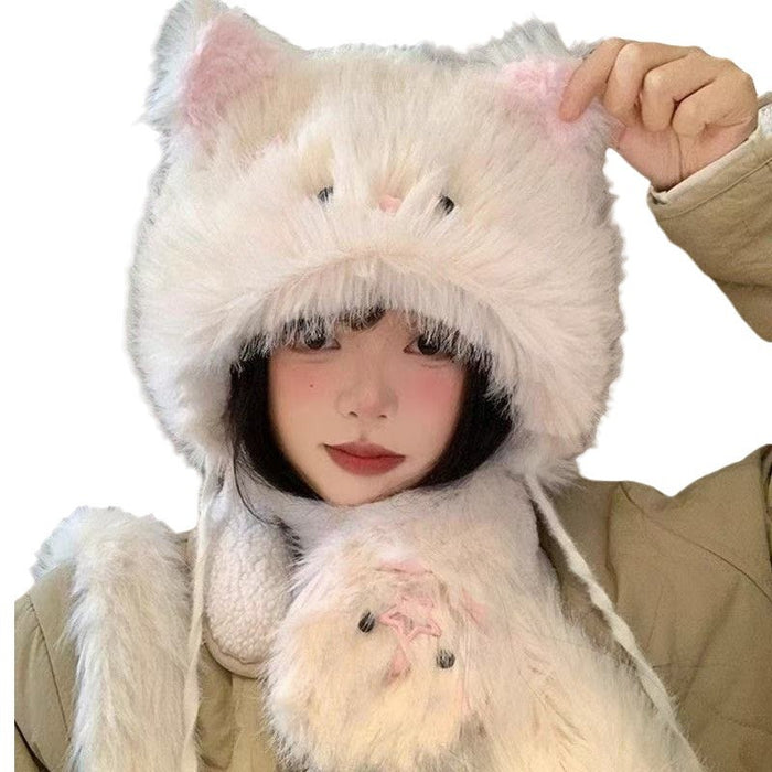 Wholesale Cute Hairpin Cat Fluffy Hat Women's Autumn and Winter Thickened Warm Cold-proof Ear Protectors Hat Neck Protectors