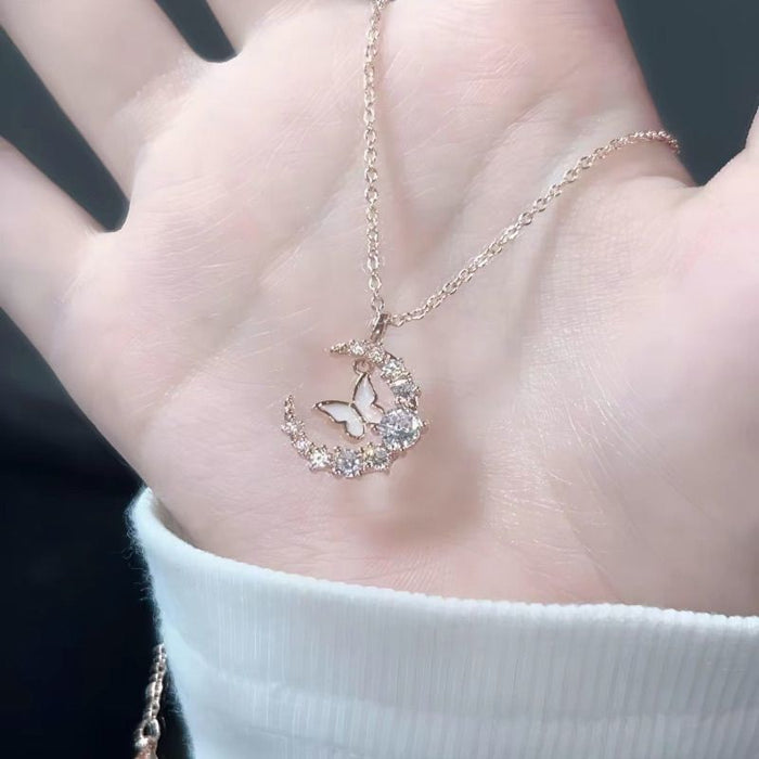 Wholesale Moon sparkling diamond butterfly necklace, fashionable, light luxury, niche accessory temperament, fashionable moon necklace