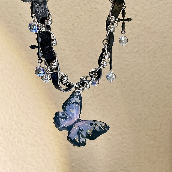 Wholesale Y2K Artificial Crystal Purple Butterfly Pendant Collarbone Necklace JDC-NE-DieDie001