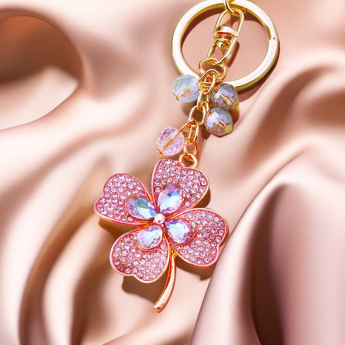 Wholesale Diamond inlaid Lucky Clover Car Keychain Metal Pendant Keychain Ring Creative