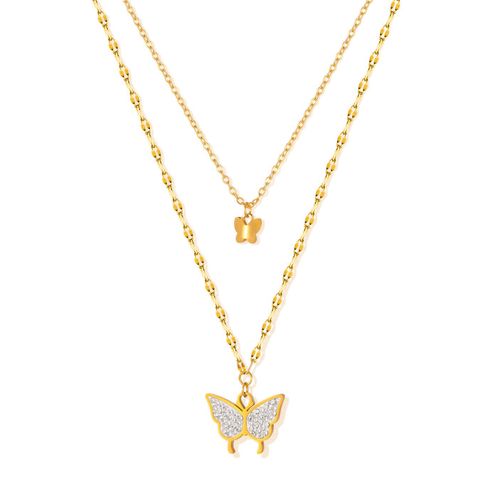 Wholesale Stainless steel exquisite butterfly inlaid with diamonds, double-layer stacked collarbone chain