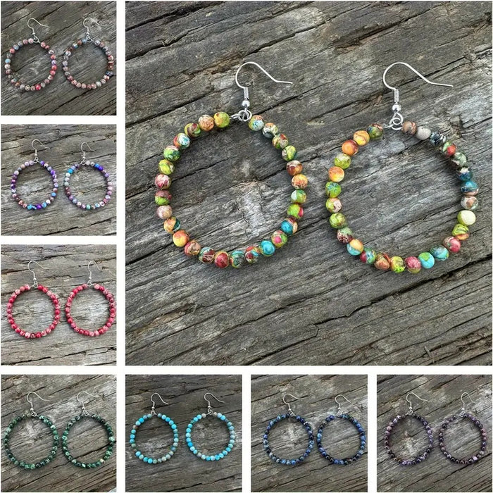 Wholesale Retro fashion hollow round bead earrings with colorful emperor stone beads