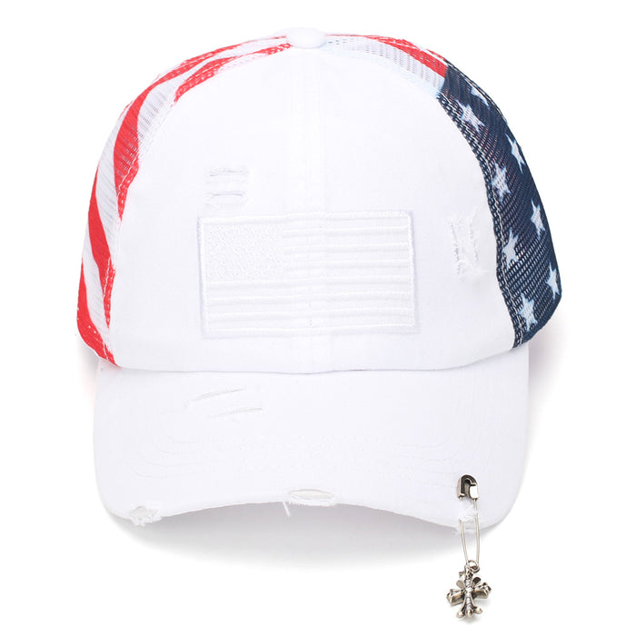 Wholesale Retro American Flag Trucker Cap with Cross Pendant,  Stylish Baseball Hat for Summer