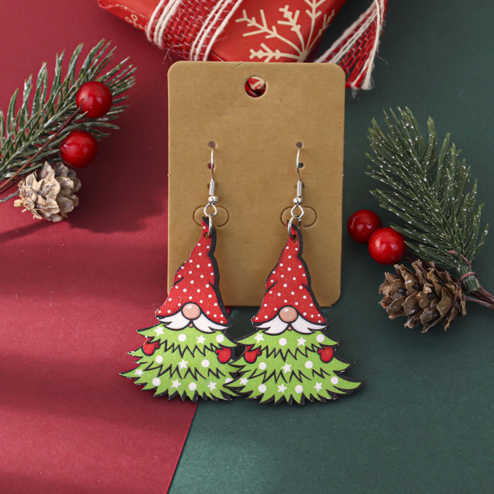 Wholesale Cartoon Christmas element printed wooden earrings for women Christmas tree earrings