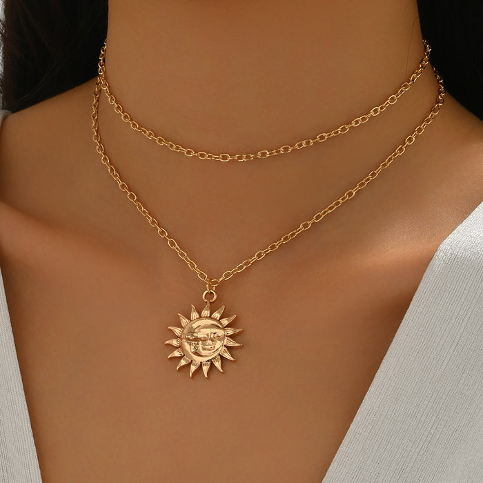Wholesale Retro and minimalist sunflower pendant, personalized and trendy, ultra long and stackable design, touching face necklace