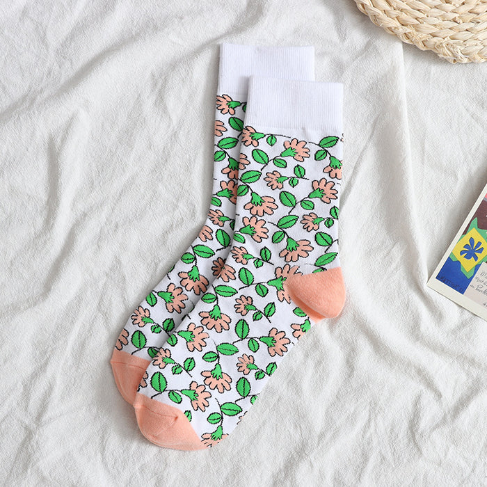 Wholesale New mid length socks with small floral patterns, versatile cotton socks, trendy design, women's socks