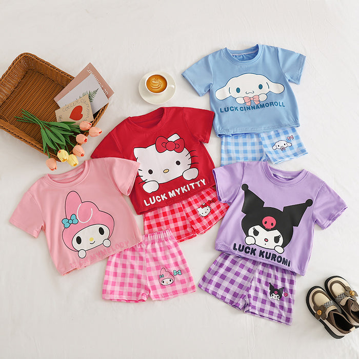 Wholesale Cartoon Cute T-shirt Plaid Shorts Children's Suit JDC-CTS-XiaoHZ004