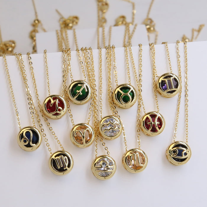 Wholesale   Brass Double-sided Round Hollow December Color Zirconium birthstone Twelve Constellation Pendant Necklace