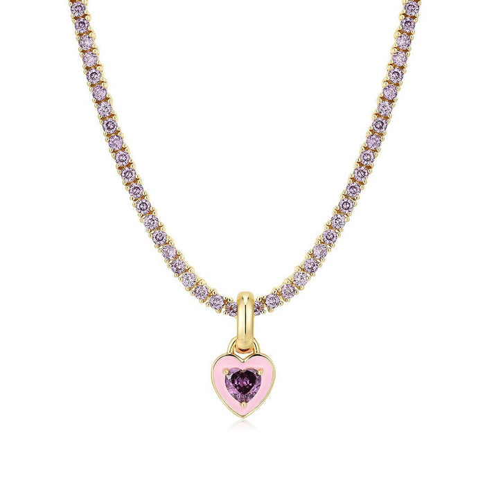 Wholesale Titanium steel tennis chain with colored zircon heart pendant necklace