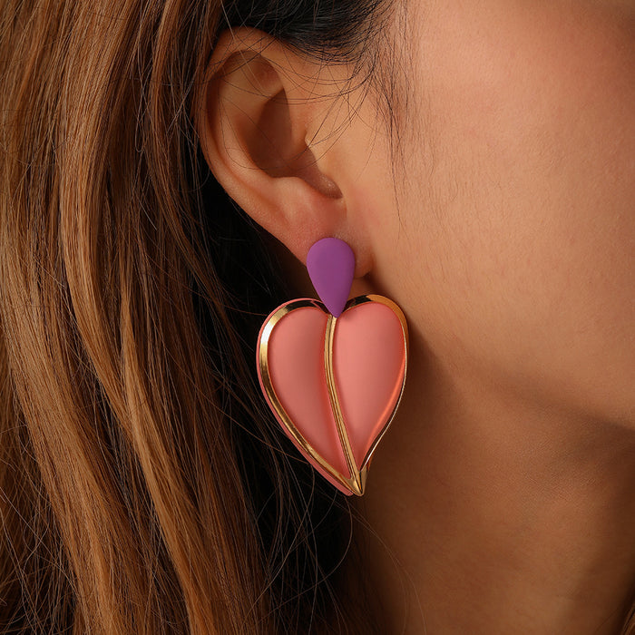 Wholesale New fashionable and versatile design, colorful spray painted heart-shaped water droplet double-layer earrings