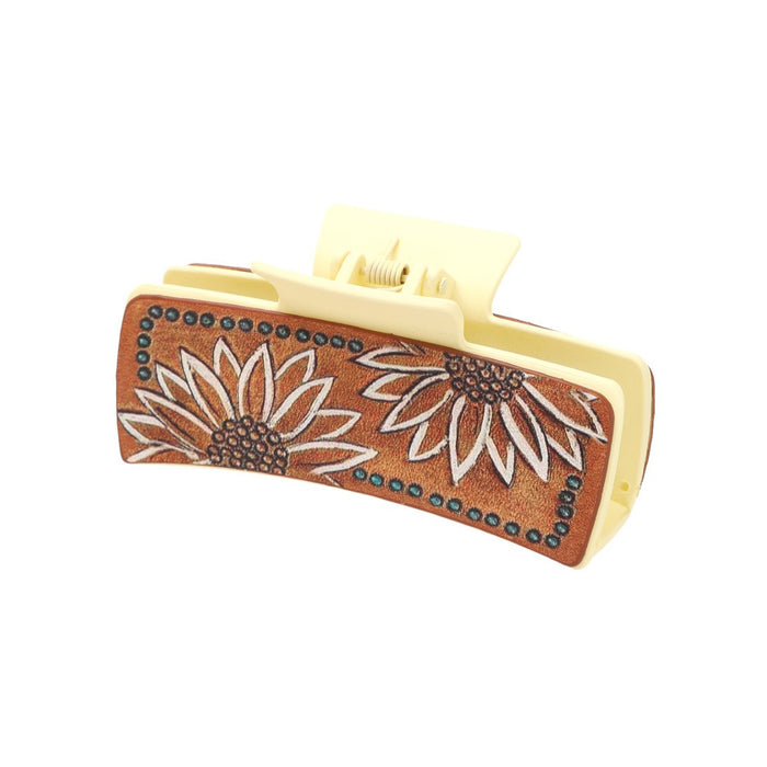 Wholesale Western Style Leather Hairpin Sunflower Pattern Clip Women Shark Clip