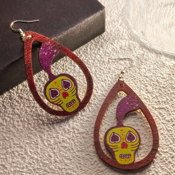 Wholesale Halloween Ghost Bat Spider Skull Wood Earrings JDC-ES-Pushe003