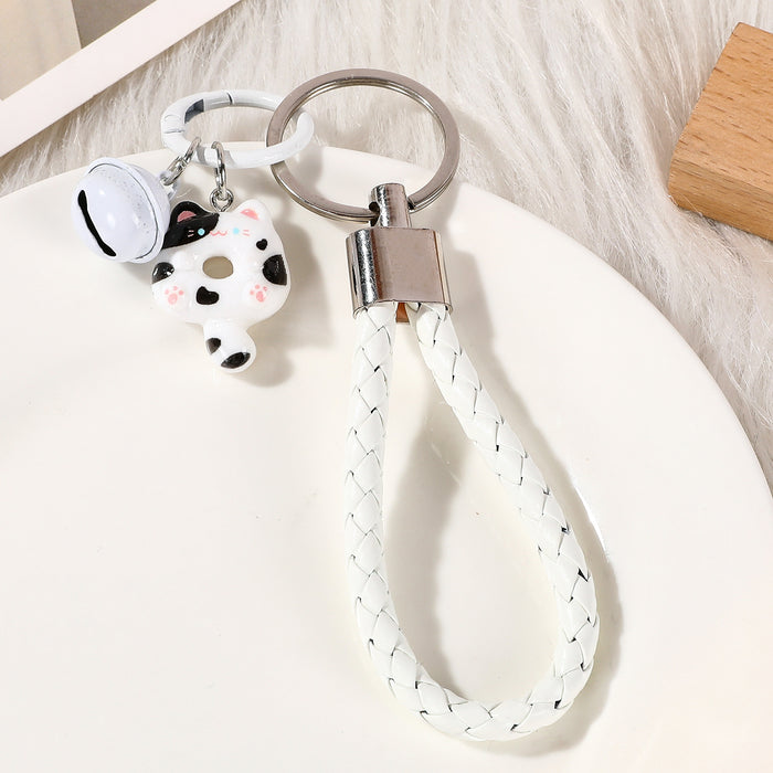 Wholesale Cute Cat Keychain With Resin Donut And Bell Pink Leather Rope Bag Charm And Car Key Accessory