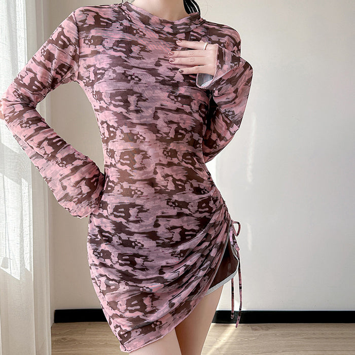 Wholesale Irregular printed style swimsuit split three piece swimsuit long sleeved sunscreen comfortable quick drying mesh thin swimsuit