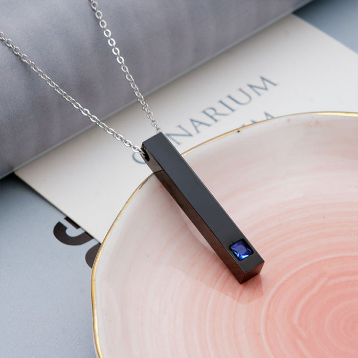 Wholesale Titanium steel pendant necklace, cubic engraved long necklace, diamond inlaid rectangular stainless steel three-dimensional rod necklace