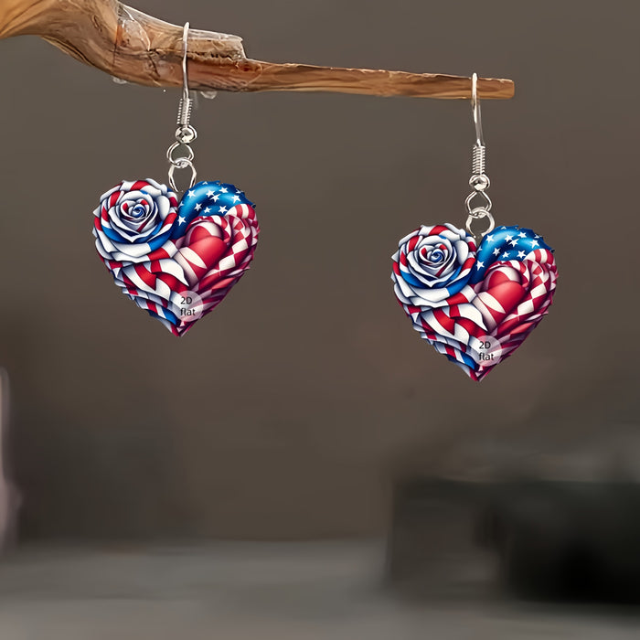 Wholesale Acrylic earrings with red, white, and blue flags, colorful heart-shaped rose earrings, and earrings