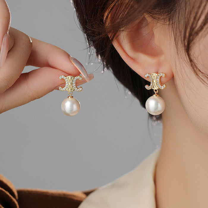 Wholesale New Arc de Triomphe Zircon Pearl Pendant Earrings, Light Luxury, High Grade Silver Needle Earrings, Versatile Charm Earrings