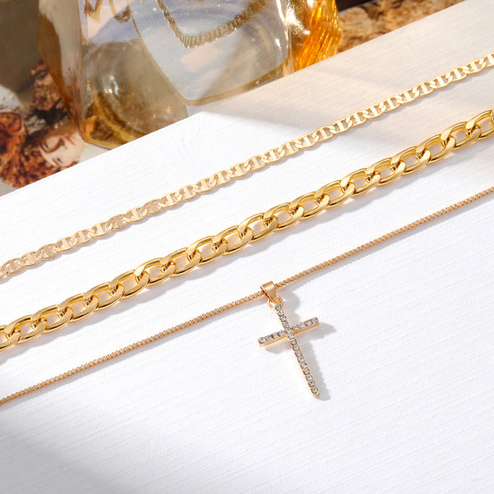 Wholesale Jewelry Cross Chain Necklace Personality Full Diamond Pendant Multi-layer Necklace