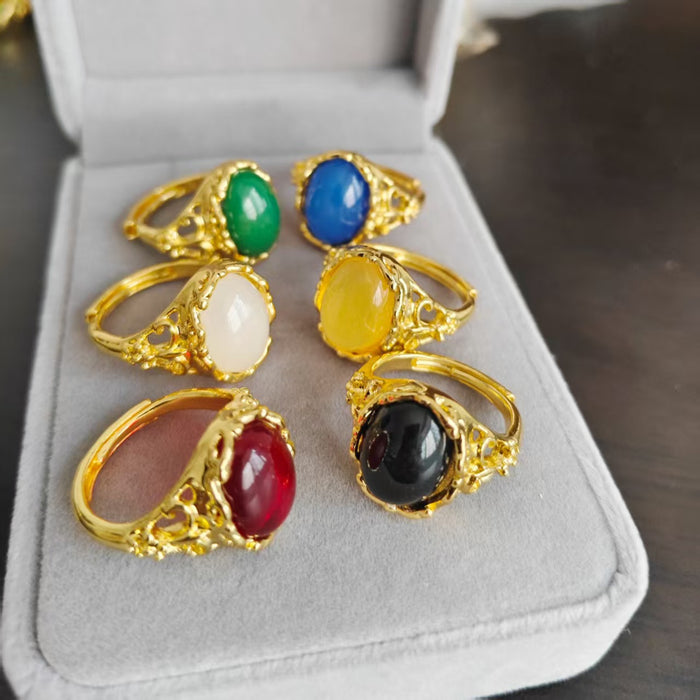 Wholesale Red agate green chalcedony sand gold ring, crown diamond ring, elegant temperament, retro open gemstone ring