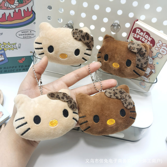 Wholesale Cute Leopard Print Cat Squeaks Pendant Black Leather Plush Brooch Brown Cat Keychain Bag Decoration Accessories