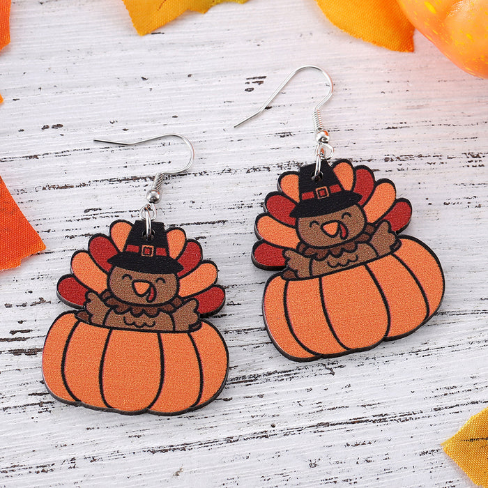 Wholesale Autumn Harvest Thanksgiving Turkey Pumpkin Funny Pendant Earrings Wooden Double-Sided Earrings Gift