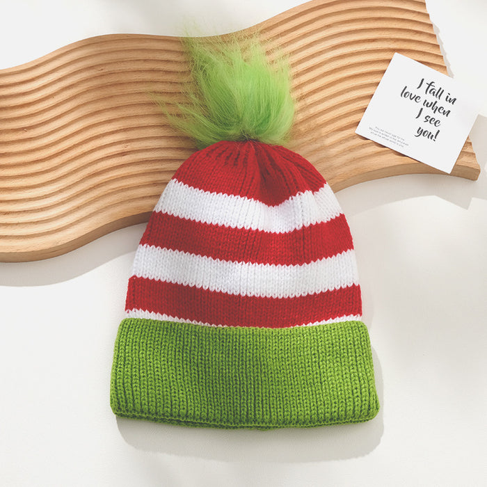 Wholesale Children' s Christmas Knitted Hat Red and Green Striped Fur Ball Knitted Hat