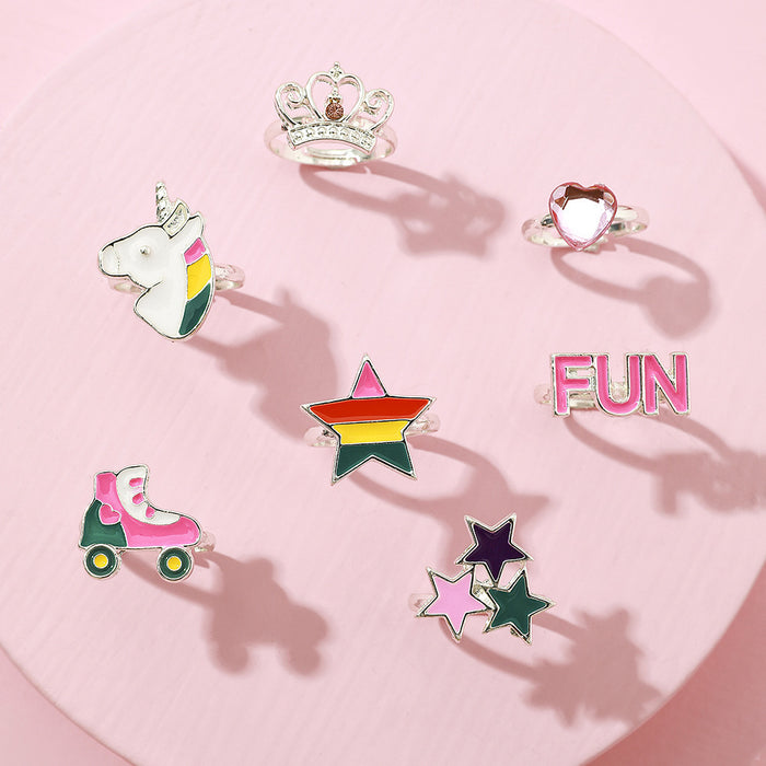 Wholesale 7 PCs suit unicorn crown roller skating shoes star love adjustable ring Children's ring