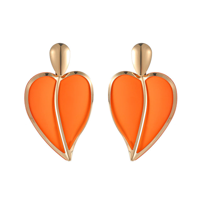 Wholesale New fashionable and versatile design, colorful spray painted heart-shaped water droplet double-layer earrings