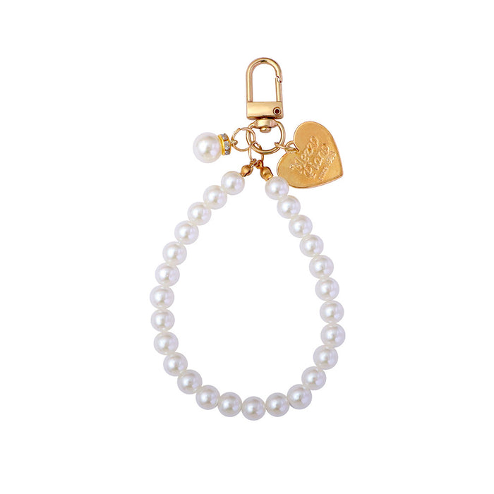 Wholesale Pearl Love Shell Keychain Beaded Hand Chain Key Ring Girl Heart Mobile Phone Bag