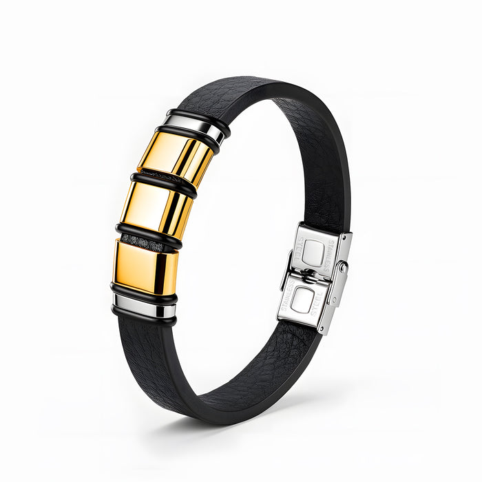 Wholesale Men' s Stainless Steel Bamboo Leather Bracelet Accessory