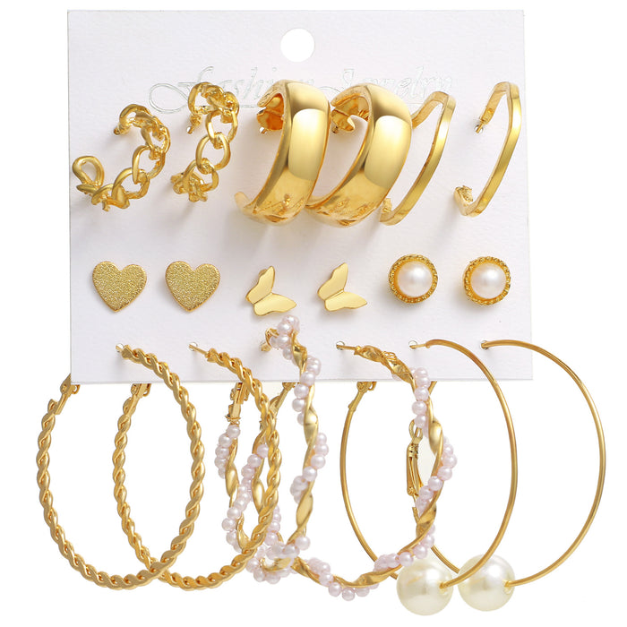 Wholesale 6-piece geometric pearl and diamond statement earring set