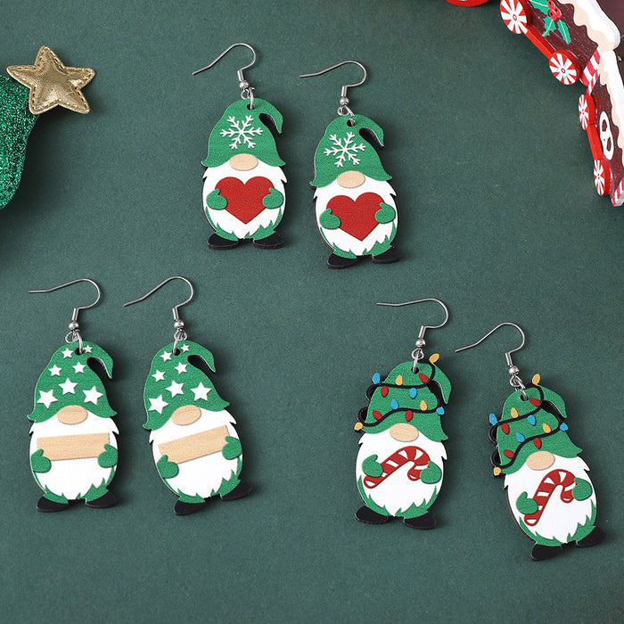 Wholesale Christmas Cute Dwarf Christmas Tree Pendant Earrings Wooden Double-sided Earrings Christmas Gift