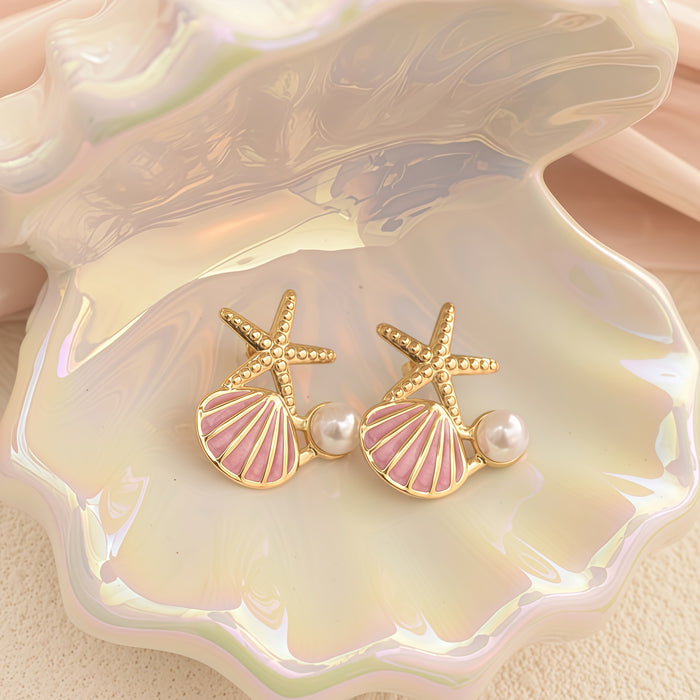 Wholesale Stainless Steel Starfish Shell Pearl Earrings Marine  style Earrings
