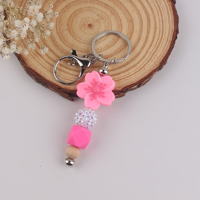 Wholesale Begonia  Flower Beaded Tassel Keychain Pendant Silicone Beads Handmade Bag Decoration Hanging