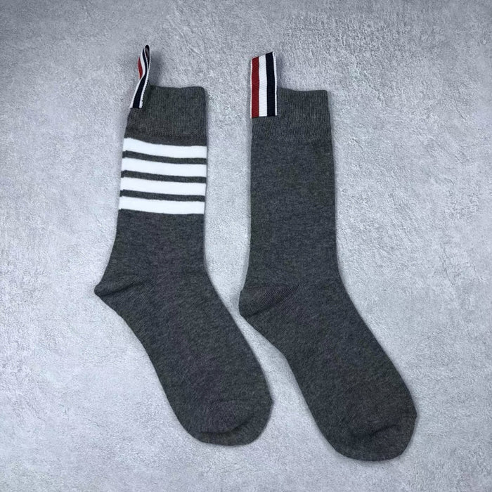 Wholesale Socks men's and women's mid length gray four bar striped pure cotton calf socks