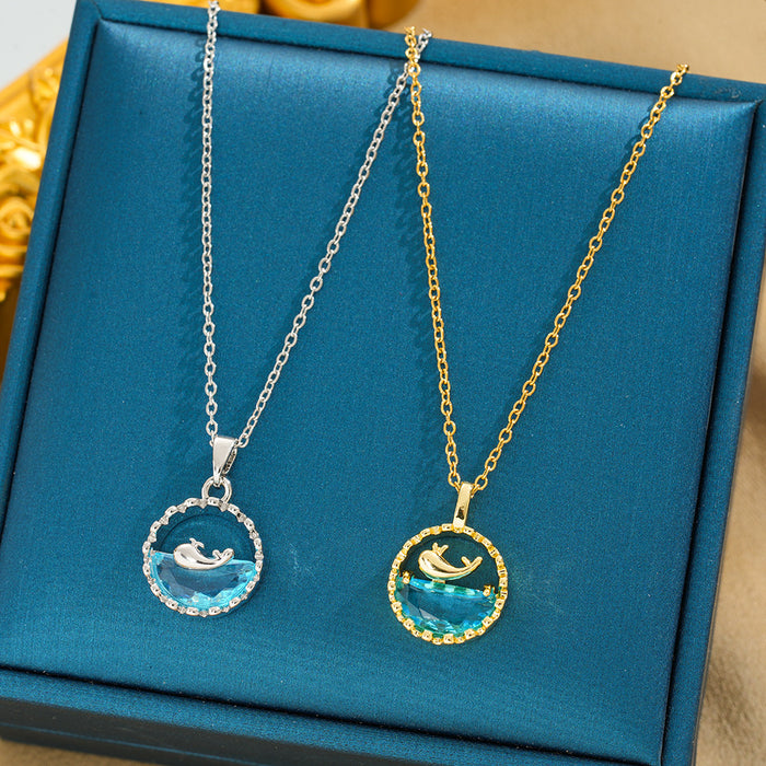 Wholesale summer fresh small whale blue ocean titanium steel necklace plated female 18K golden