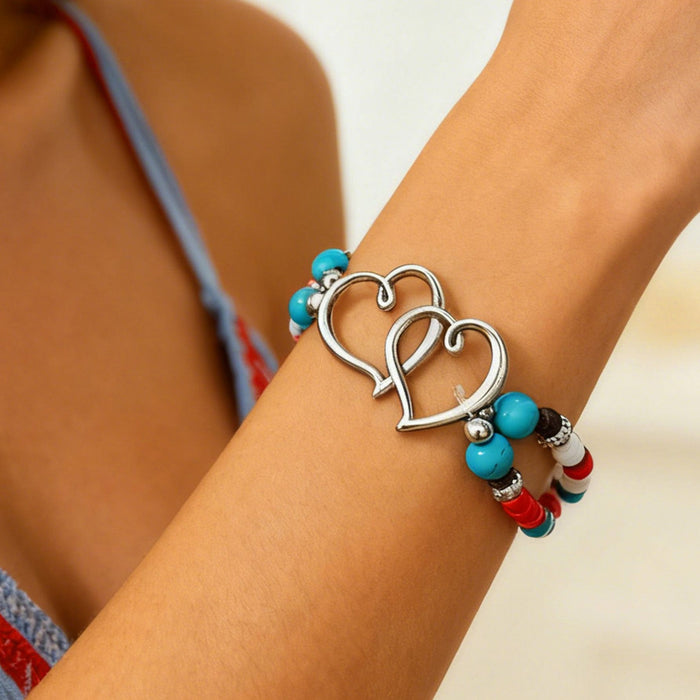 Wholesale Beach Vacation Style Double Heart Beaded Jewelry Set Alloy Necklace and Bracelet MOQ≥2