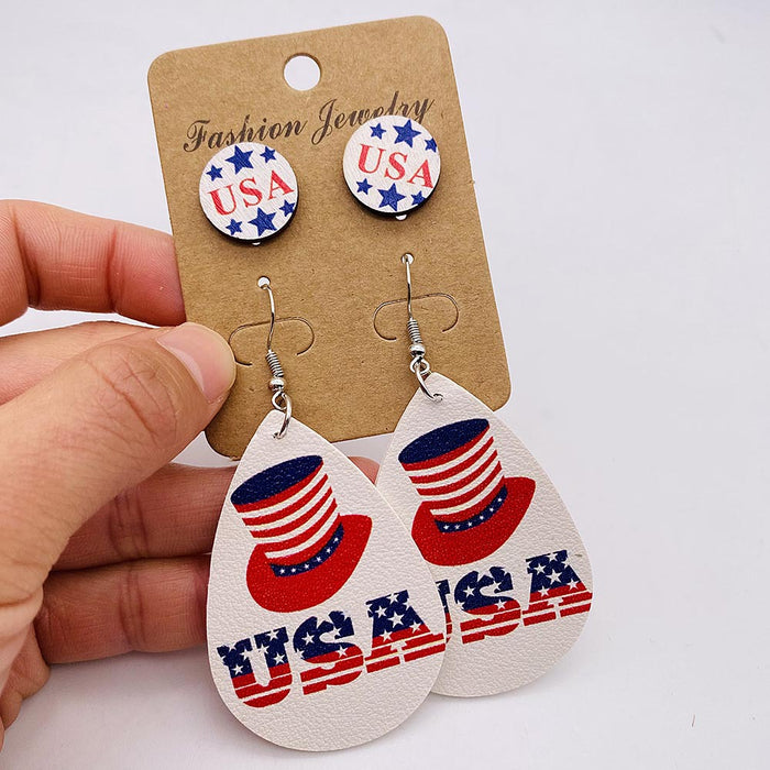 Wholesale New Independence Day Earrings Earring Set with American Flag Round Heart Five Pointed Star Sunflower Leather Earrings JDC-ES-YaChen002