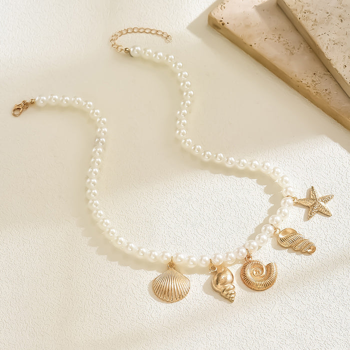 Wholesale Alloy Shell Starfish Conch Pendant Necklace Accessible Pearl Jewelry Necklace