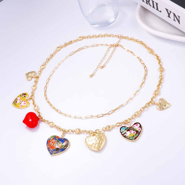 Wholesale Alloy Dropping Oil Multi-love Pendant Double-layer Stacked Chain Women's Necklace