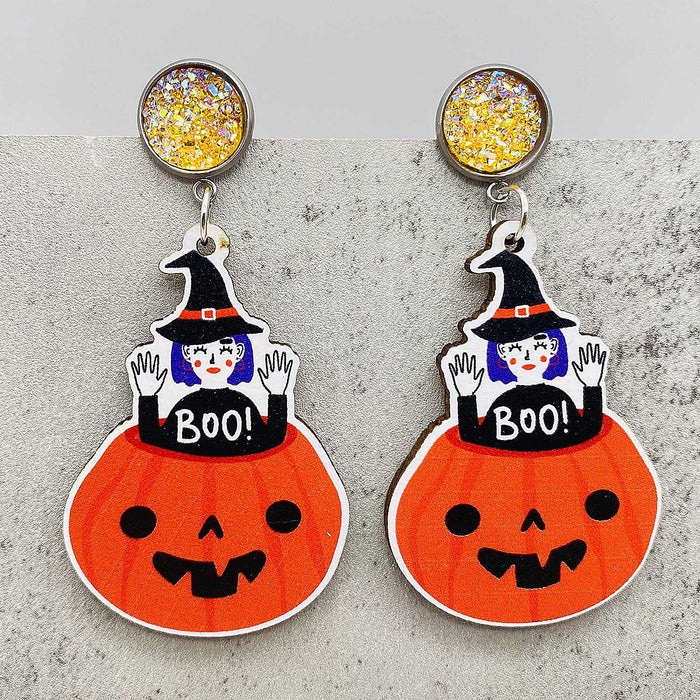 Wholesale Halloween Pumpkin Castle Wooden Earrings JDC-ES-Chengy038