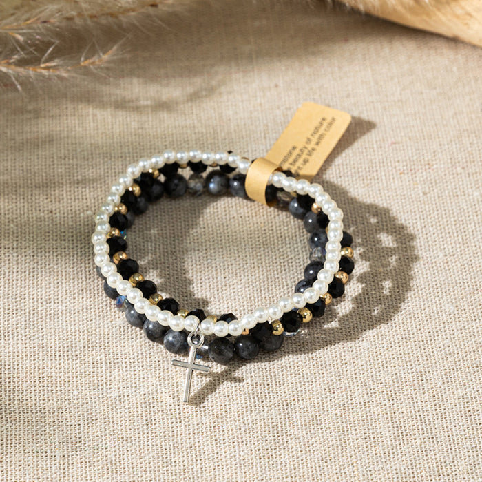 Wholesale Bohemian Color Stone Bracelet Cross Pendant Multi-Layer Stacked Bracelet