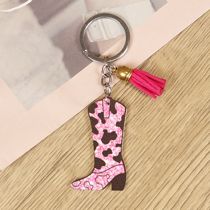 Wholesale Keychain Retro Western Distressed Cowboy Boots Cactus Cowboy Butterfly Pink Tassel