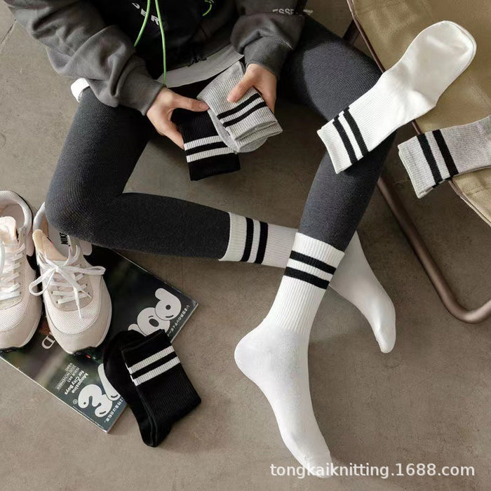 Wholesale Socks with parallel bars, mid length socks, pure cotton casual sports long socks