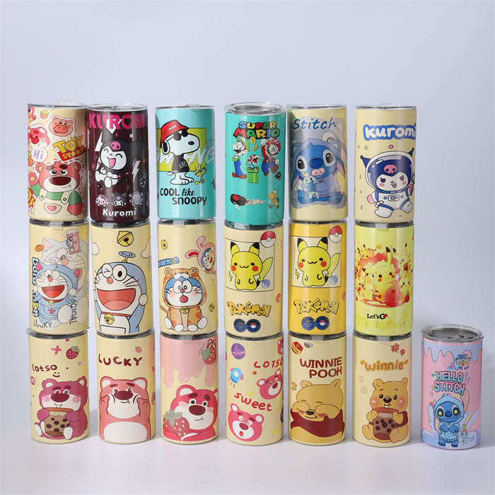 Wholesale stainless steel thermos cup printing cartoon high color value suction tube cup portable large capacity ice coffee cup