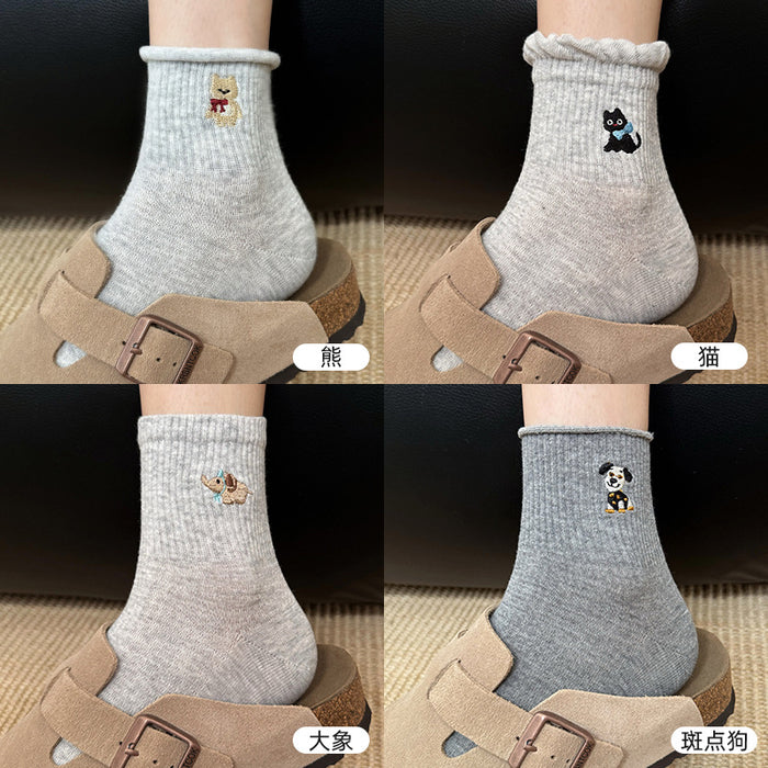 Wholesale Cotton socks, mid tube socks, cartoon embroidered lace socks, cute sports socks